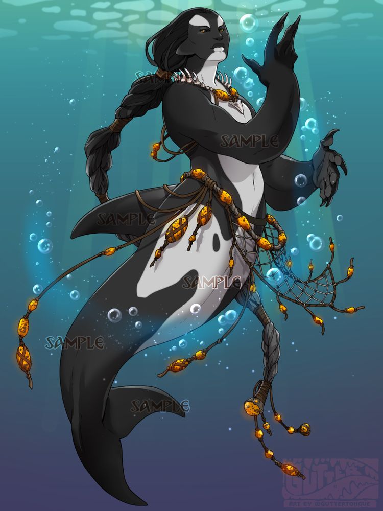 A merfolk character with orca-like features. She has a braid about as long as her body, and is dressed in finery made of fishing nets, bones, and yooperlite stones. #art #adoptable #mermay 🖌️