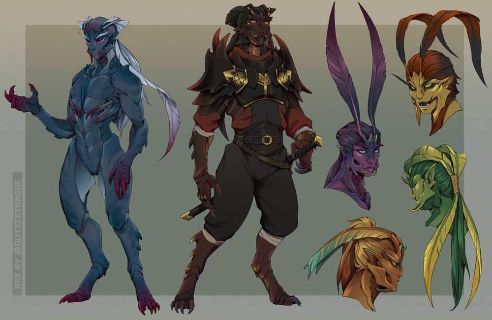 Species design sheet for an insectoid people. They are covered in a carapace that ranges greatly in color between individuals, and they have a small extra pair of limbs clasped to their chests. Their long, fluffy antennae are frequently kept bound back with their hair. #art 🖌️