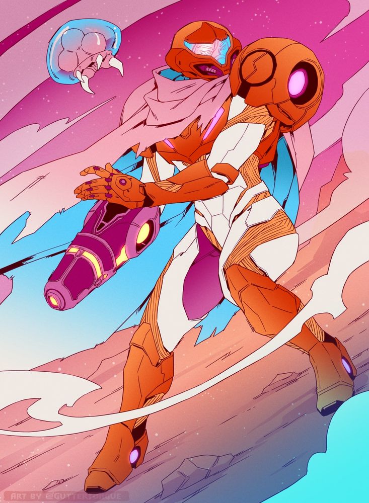 Art of Samus Aran from Metroid drawn in the colors of the trans and lesbian pride flags. She stands at the ready on a windswept plane with a small blue and pink metroid floating beside her. #art #metroid #samusaran 🖌️
