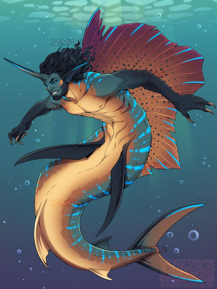 A merfolk with sailfish-like features. He is decorated in a variety of oranges and blues, with a massive spotted sale fin along his back. #ART #adoptable #mermay 🖌️
