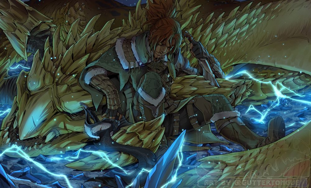 A red-haired hunter sits exhausted next to the corpse of her prey, a rey dau. The ground is scattered with fulgurite and still crackles with latent electricity.  #art #monsterhunter #monsterhunterwilds #monsterhunterart 🖌️