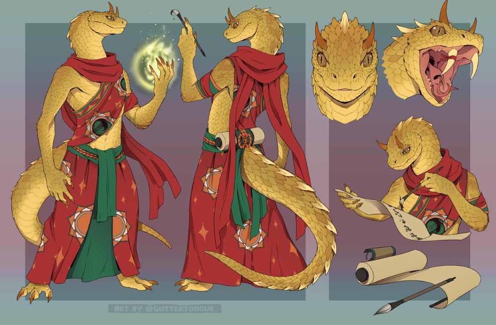Design sheet for an anthro sand viper character in ornate red robes. Their scales and eyes are both golden, and they wield a host of calligraphy implements as well as holy fire magic. #art #furryart 🖌️