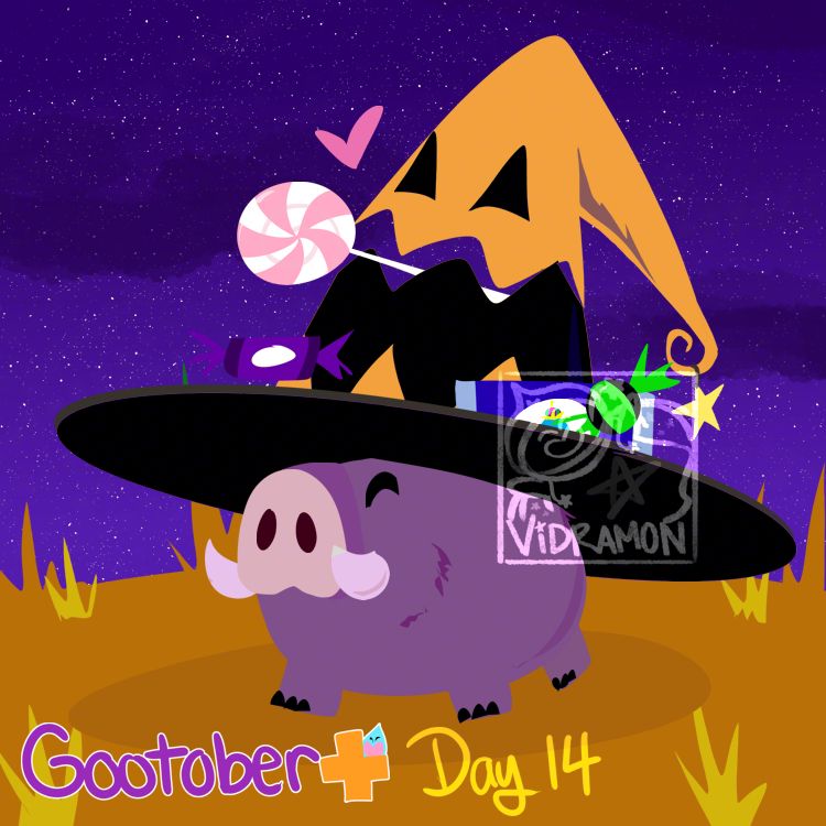 Digital lineless drawing of a Halloween Hat smiling in an orange, grassy field at night. The hat is holding a lollipop and has other various candies bouncing on top of its brim. The handwritten text on the image reads "Gootober+" and "Day 14." 