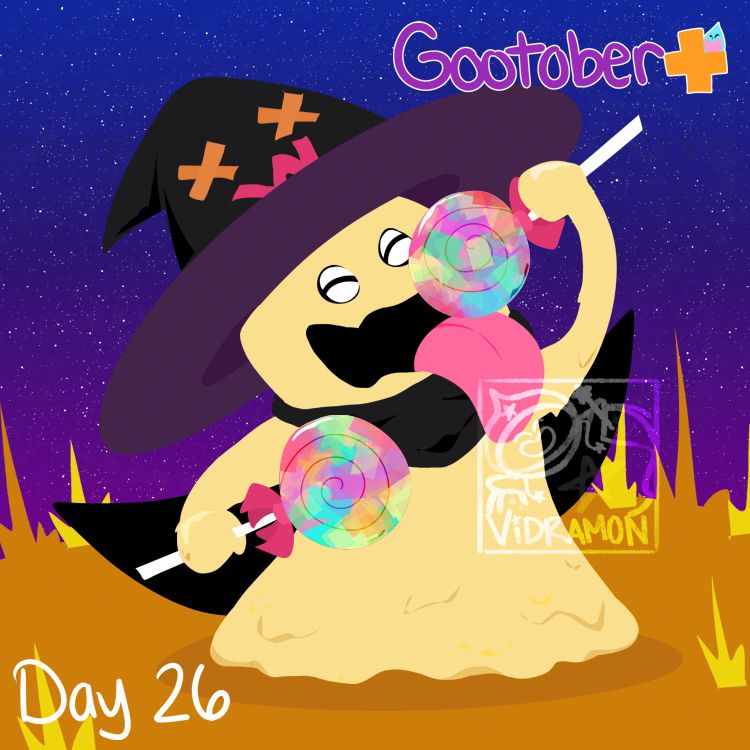 Digital lineless drawing of a Halloween fondue about to enjoy one of its lollipops in an orange grassy field at night. The handwritten text on the image reads "Gootober+" and "Day 26." 