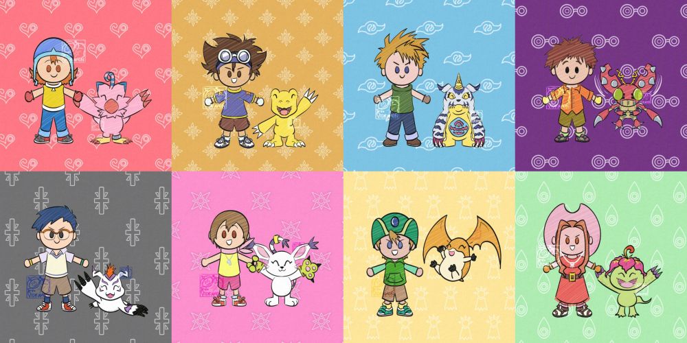 Collage of eight digital drawings. Each features chibi art of the partner pairs from Digimon Adventure, on a solid color background with a repeating pattern of their associated crest.