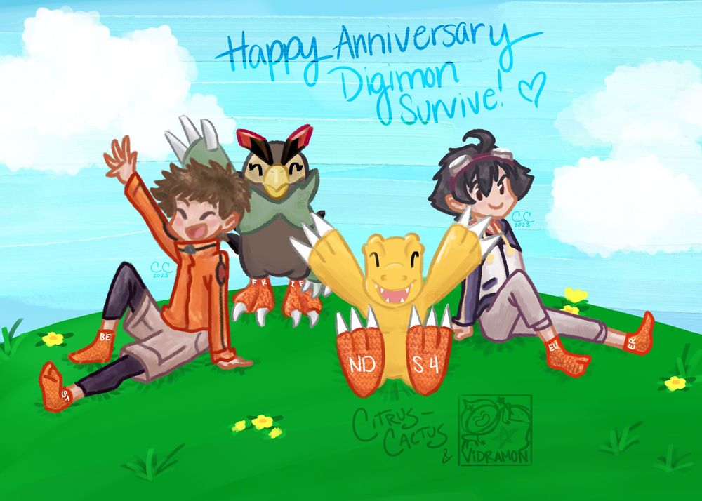 Digital painting of Minoru, Falcomon, Agumon, and Takuma smiling and wearing matching socks. The socks read BEST FRIENDS 4EVER together. The text on the painting says "Happy Anniversary Digimon Survive!" There are watermarks from citrus-cactus & vidramon on the painting.