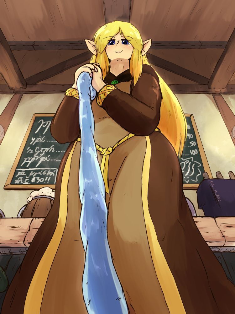 POV image of a tall elf mage, with golden hair and a staff made of ice, looming overhead. Behind her is the bar of a tavern, with some mugs of beer, a tap, and a chalk menu with today's fare scrawled in elvish.