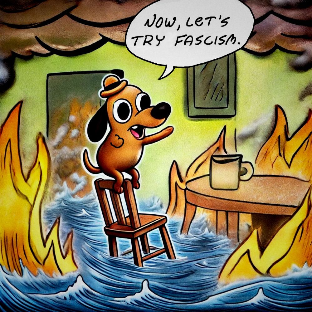 Der Hund aus dem „This is fine“-Meme, weiterhin in einem brennenden Zimmer, nur das er jetzt wegen der Überschwemmungen auf dem Stuhl steht. Er sagt „Now, let‘s try fascism“ und meint damit eine Lösung gefunden zu haben. (Hat er nicht.)