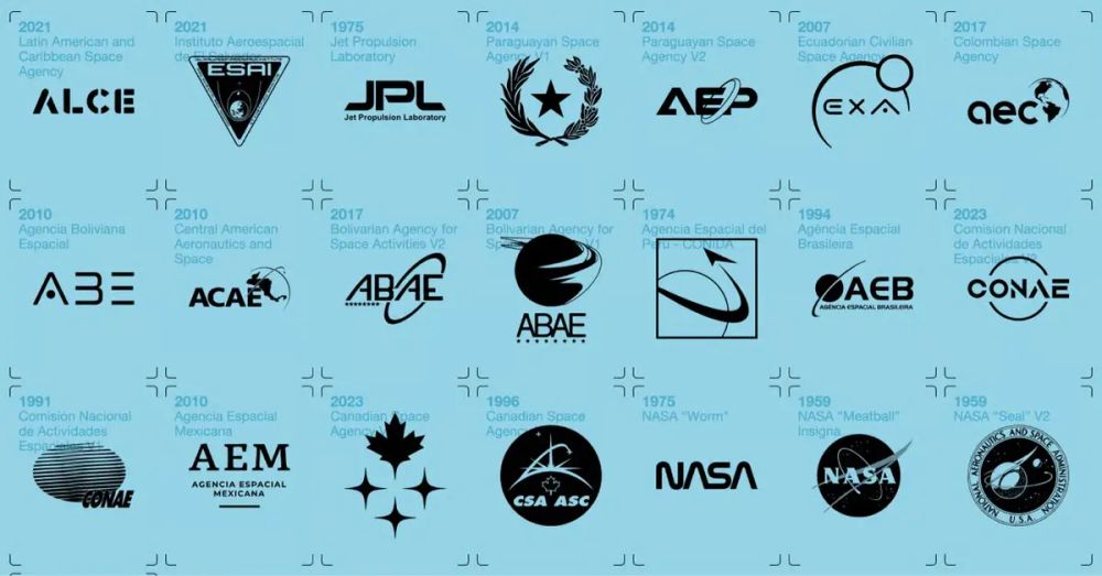 Auszug aus dem Space Exploration Logo Archive mit einer Übersicht verschiedener Raumfahrtagenturen und ihrer Logos auf blauem Hintergrund.