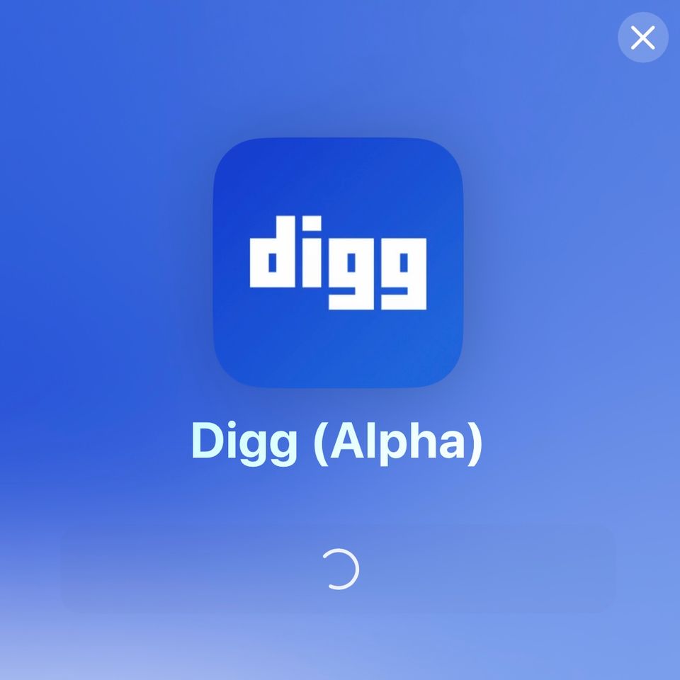 Screenshot from TestFlight with a blue background and a blue app icon in the center. The icon says "digg" in white text. Below that is "Digg (Alpha)" in white text.