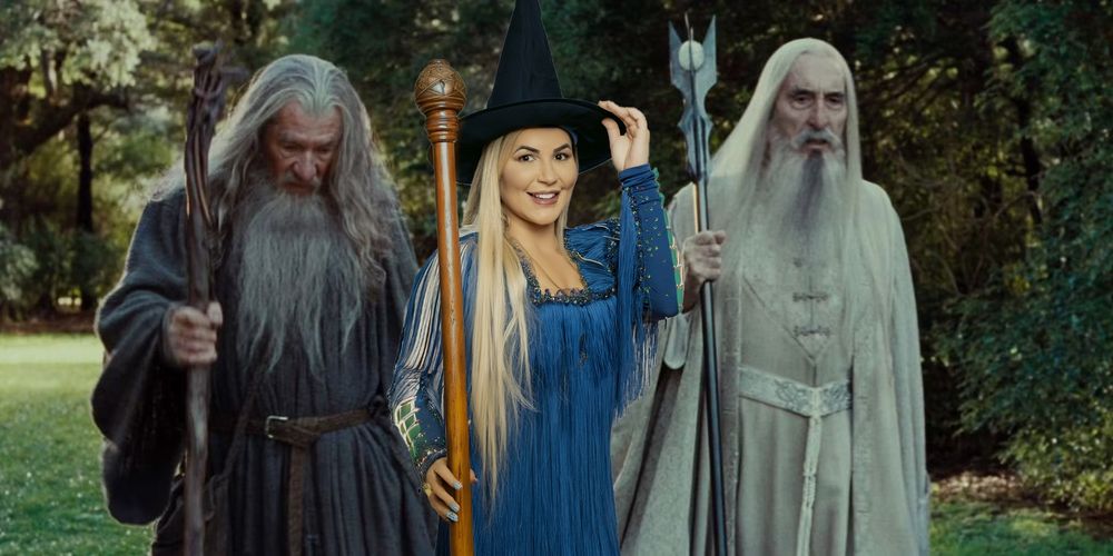 Gandalf e Saruman caminhando nos jardins de Isengard ao lado da Dra. Deolane vestida de istari azul.