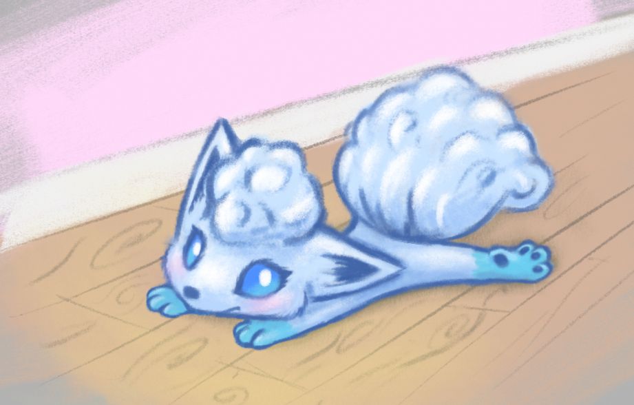 playful alolan vulpix lying on a wooden floor. digital pastel art