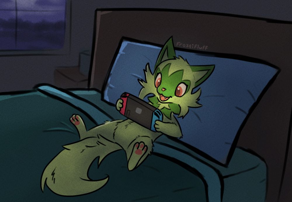 sprigatito sitting on a bed, playing nintendo switch