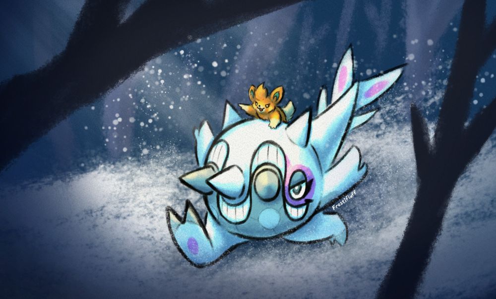 a winter scene with 2 Pokemon going on an adventure. Cetitan runs through the snow in a forest, as Pawmi sits on their head