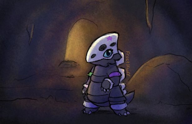 cute anthro lairon (chonky gray pokemon with white metal armor) but with pink and green arm bands, and a pink star on their head fin thingy. the scene is a dark cave with a warm light coming from somewhere in the background. the image is kinda low res