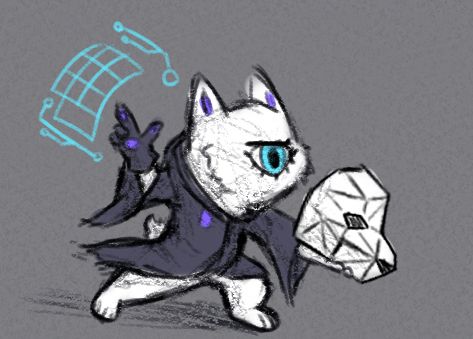 white cat-like creature with no face (just one big eye), wearing a dark robe. they are holding a low-poly animal mask, and one hand is pointing toward a holographic number pad.