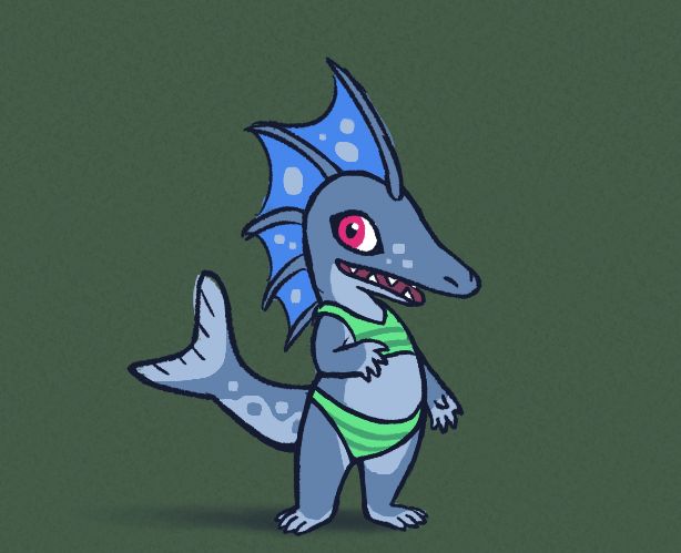 small bluish silver fish with a spiky dorsal fin, wearing a green striped swimsuit