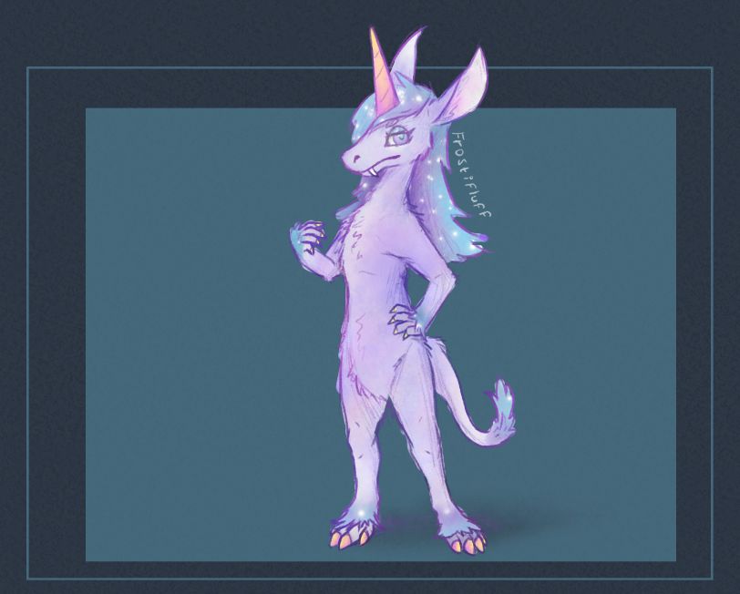 anthro unicorn creature with pearlescent fur and a sparkly mane. they also have fangs, and claws instead of hooves.