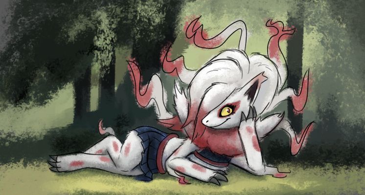hisuian zoroark sitting comfortably in a green forest, smiling at viewer