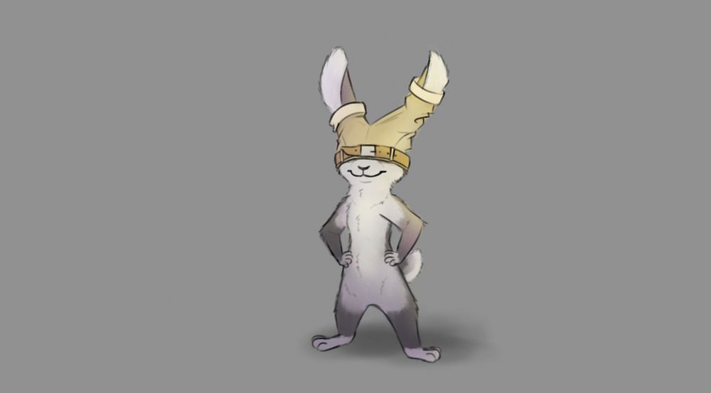 rabbit wearing pants on their head, ears through the leg holes, standing there with a goofy smile