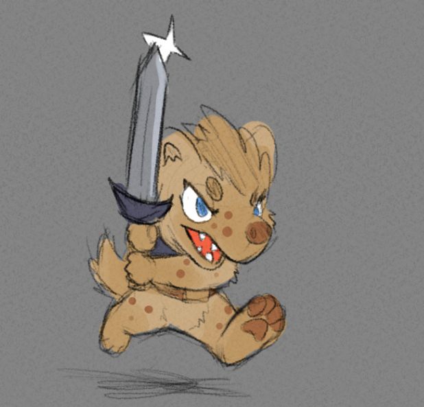 chibi hyena running with a sword