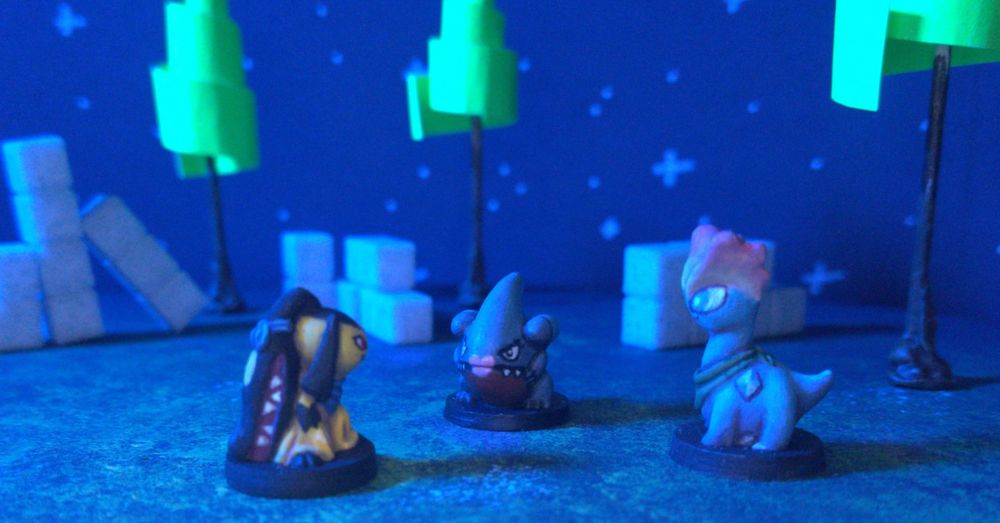 diorama of 3 pokemon exploring some ruins in a forest at night: mawile, gible, and amaura. also, the gible has lipstick