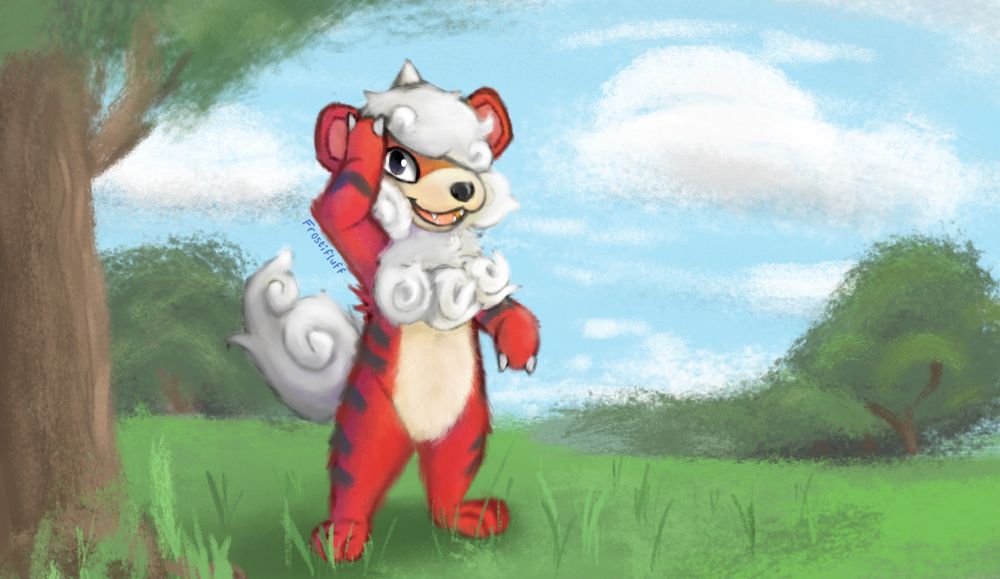 anthro hisuian growlithe standing in a field, one eye visible under their hair