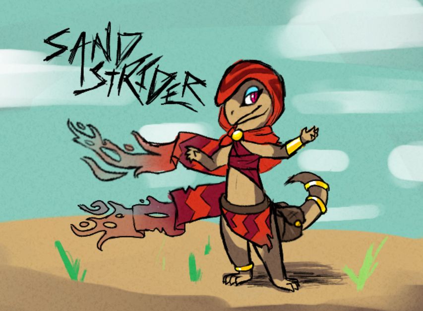 a brown lizard in a desert. they have red silk clothing that flows in the wind, and the ends of the fabric are frayed and turn transparent in a ghostly sort of way. they also have light blue eyeshadow, gold accessories, and a brown satchel strapped to their tail.