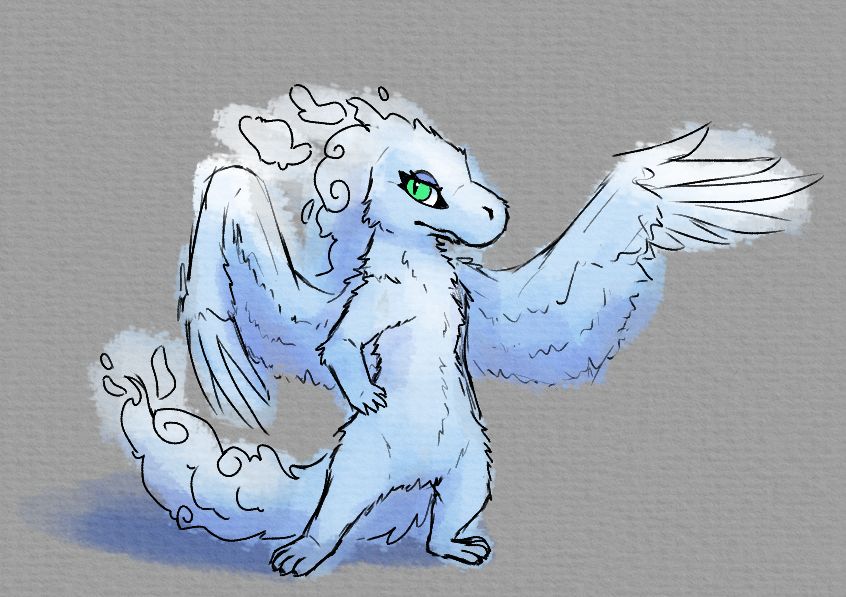 fluffy white dragon that seems to be made of clouds. they have feathered wings and bright green eyes