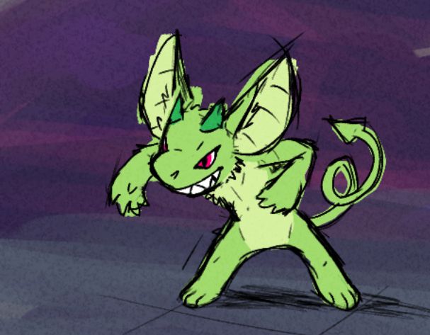 gremlin with bright green fur, mischievous smile with sharp teeth, big ears, and a curly pointy tail.