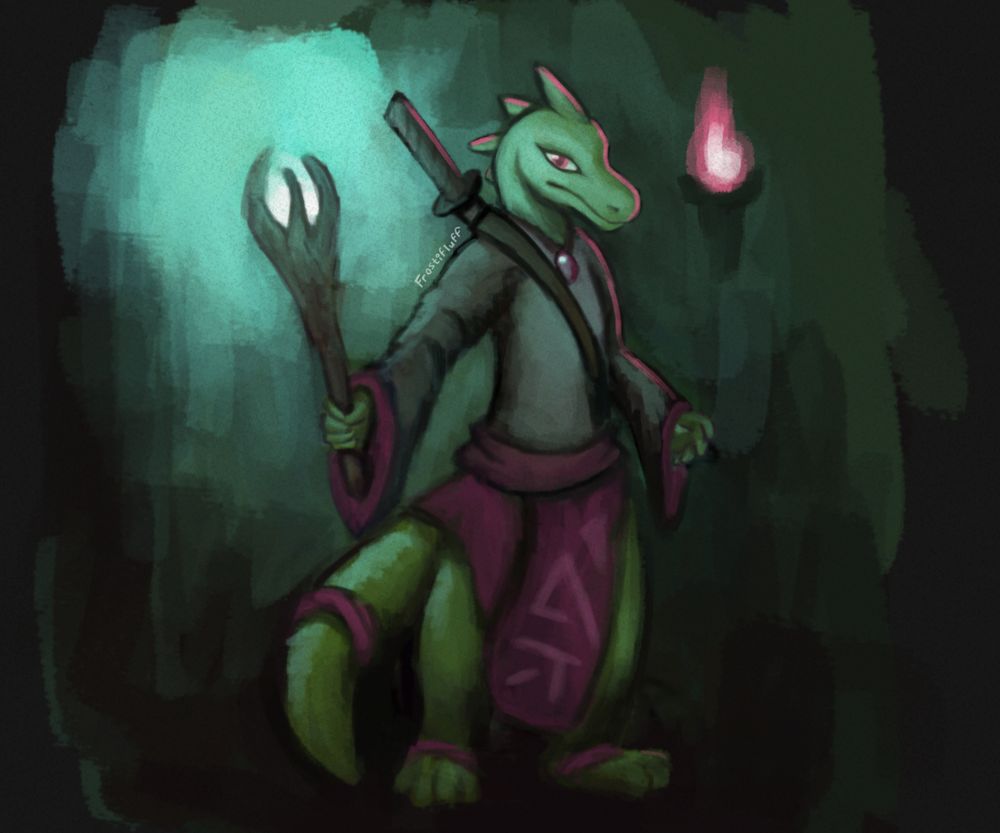 lizard wizard holding a glowing wand in a dark dungeon