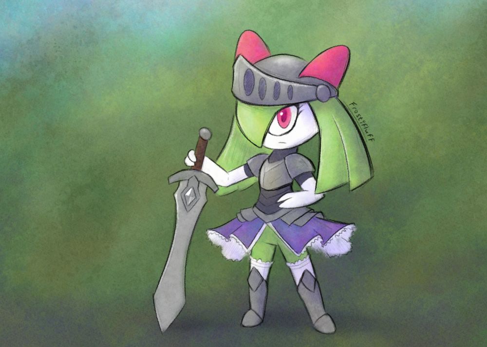 kirlia with knight armor, purple lace skirt, and a sword. the sword's hilt has a steel z-crystal