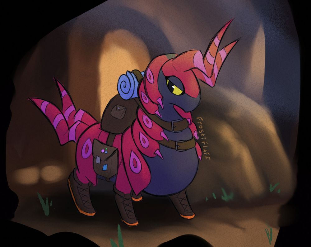 scolipede carrying a bunch of travel gear, exploring some kind of tunnels or ruins