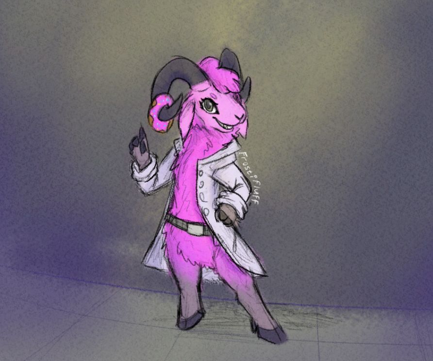 pink sheep with a white lab coat. there's a donut stuck onto one of their horns