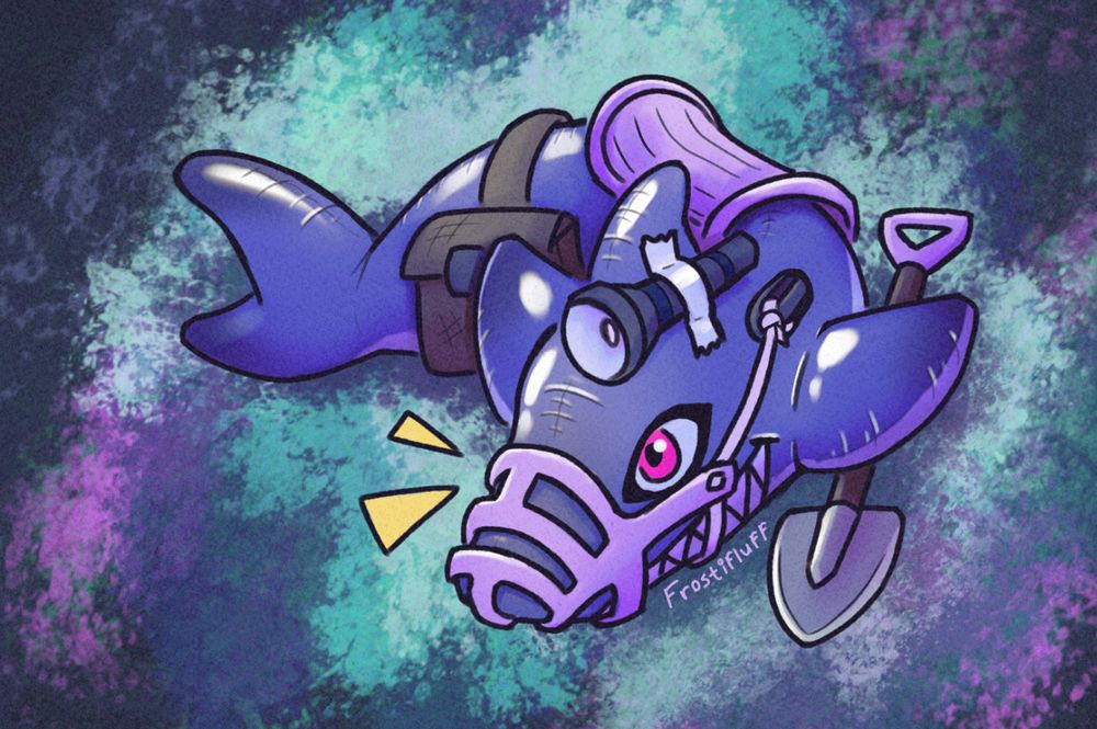 inflatable shark with some adventuring gear. there's a flashlight duct taped to their dorsal fin