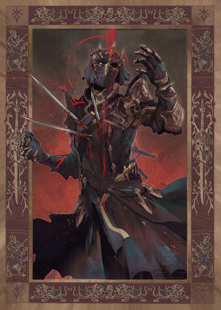 A tapestry styled piece depicting Fray from ffxiv impaled by 3 swords. The border is an intricate ornate design depicting dragons, drk swords, and impaled lions 