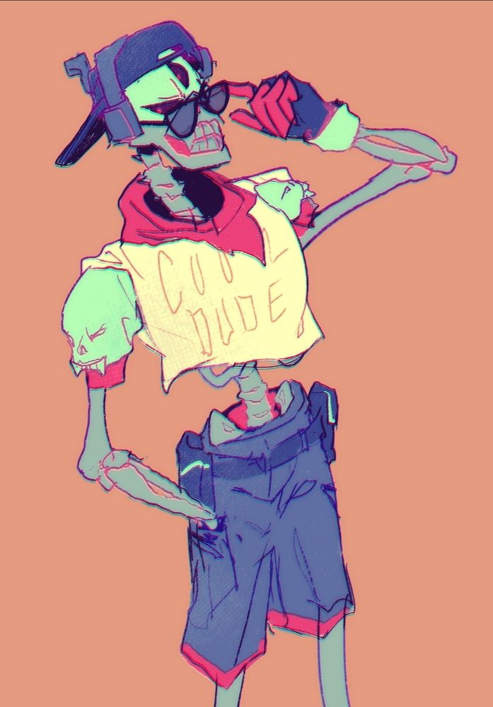 Skullvolver's design in the style of papyrus from undertale wearing the cool dude loose white shirt, blue short, a dark blue hat on backwards, sunglasses, and red finger edges blue gloves.