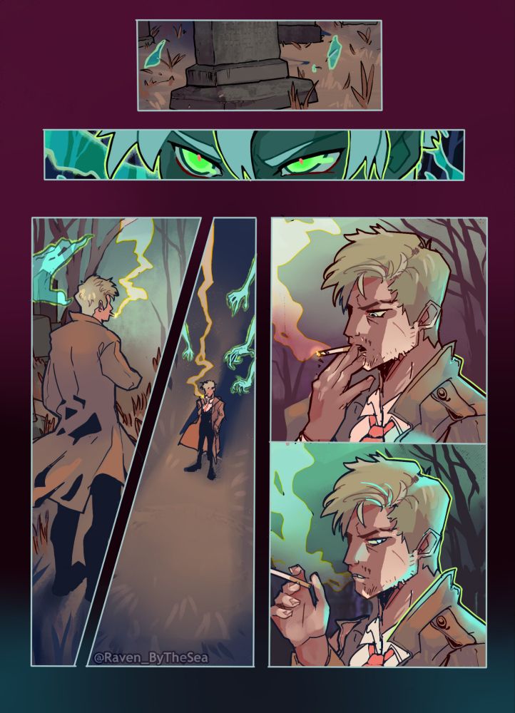 A quick cut to a pair of bright green eyes watching Constantine. A view of the man's back as ghostly pale arms reach out to him. The next panel is a shot from above him showing multiple ghostly arms now reaching out.
The past 2 panels are John turning around as something glowing green approaches 