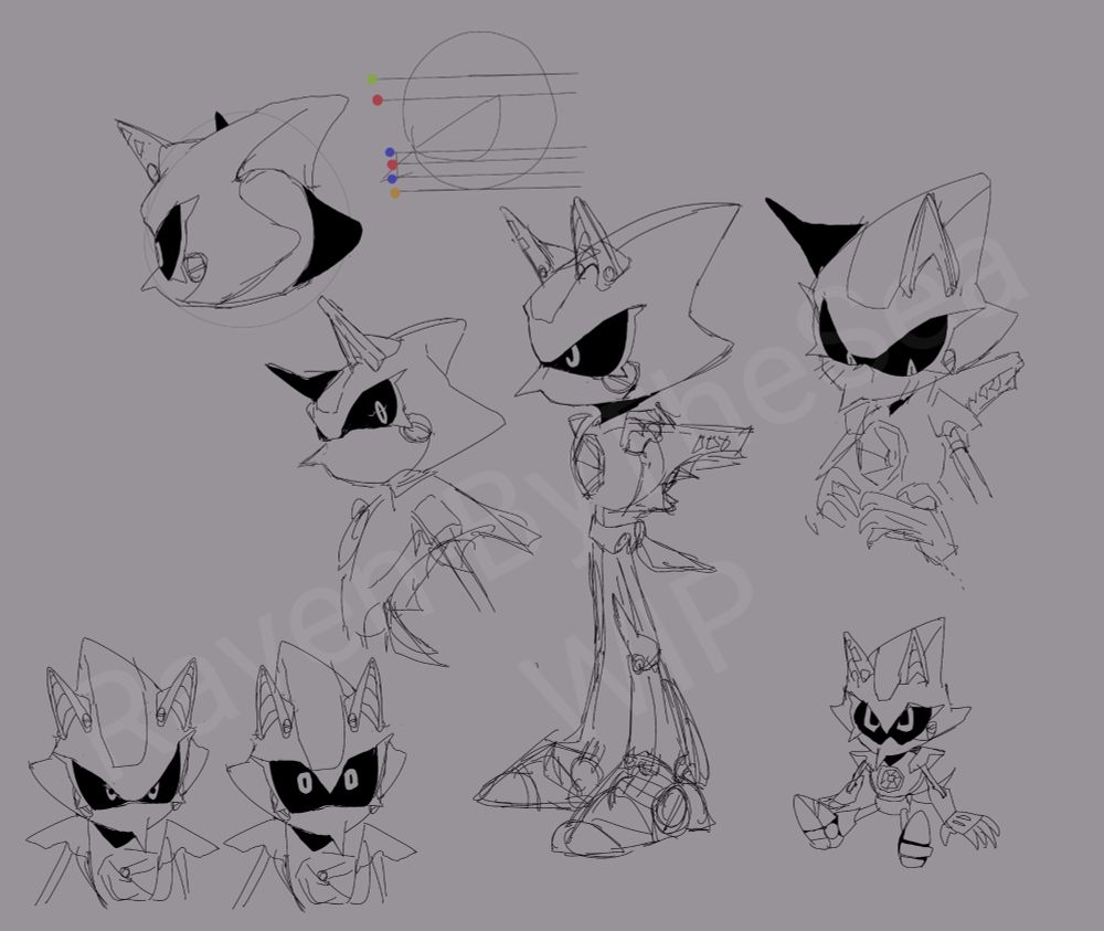 A series of doodles of metal sonic. A side view with no arms, two shots of metal's eyes widening, a back view of his head, metal looking down while blushing, a little chibi version of metal sitting down