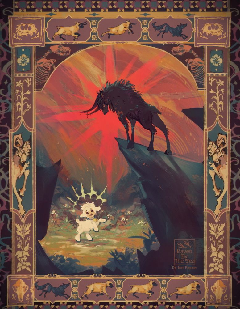 An ornamental piece of Chirin's Bell. Young chirin stands happily surrounded by flowers as an older Chirin glares down from a cliff, horns dripping blood. The border is decorative gold depicting sheep running from a wolf, rams, wolf skulls,  wolf skeletons, birds nests, and a wolf running from a ram.
