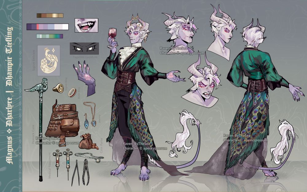The same ref again, this time Magnus is dressed in a metslic green dress shirt, brown leather corset,  with a trailing peacock feathers tailcoat half-sister lined with see through fabric. He is shown wearing various pieces of hold jewelry in his horns