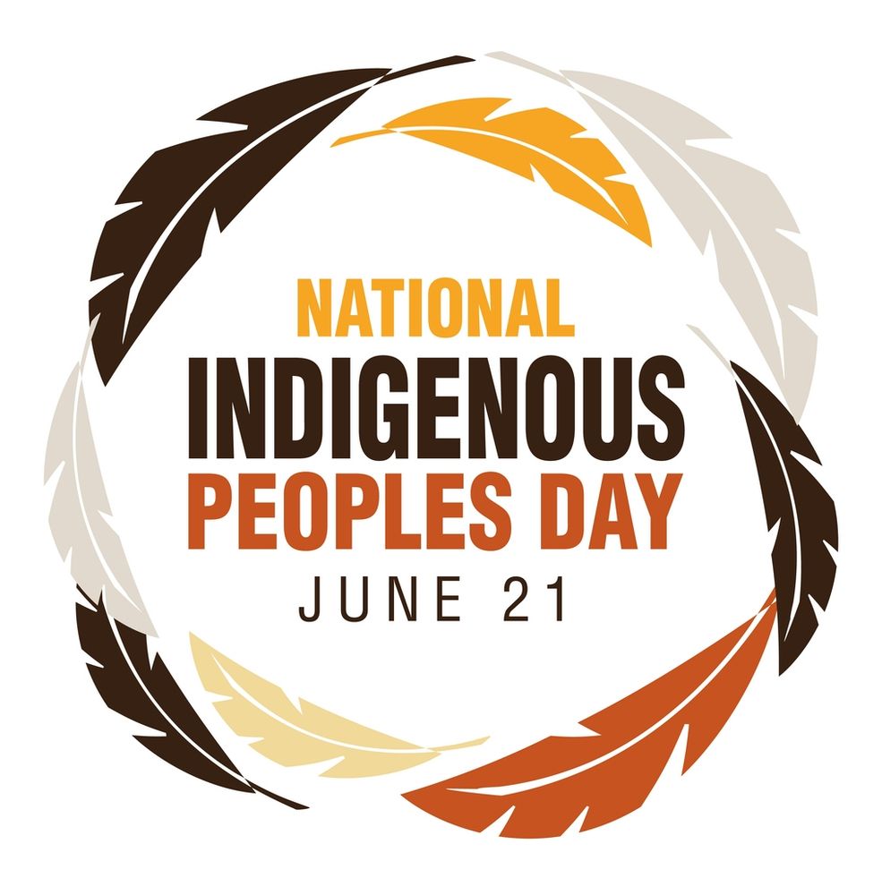 A banner of orange yellow brown and white feathers circling the words National Indigenous Peoples Day June 21