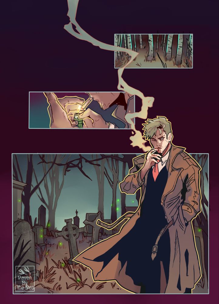 Constantine stands looking out at a graveyard at dusk, panels show him lighting a cigarette.  There are faint green particles floating around 