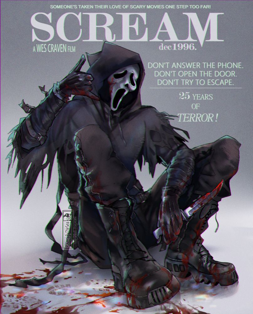 An image of ghost face from scream sitting in a blood splatter, one hand on a knife the other making a mocking phone symbol. It's styled like a fashion magazine cover 