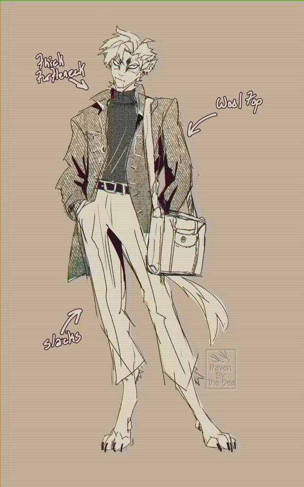 A sketch of Ramir posing in a wool jacket, black knit turtleneck, and light slacks. He looks smug, and is carrying a laptop bag over his shoulder 