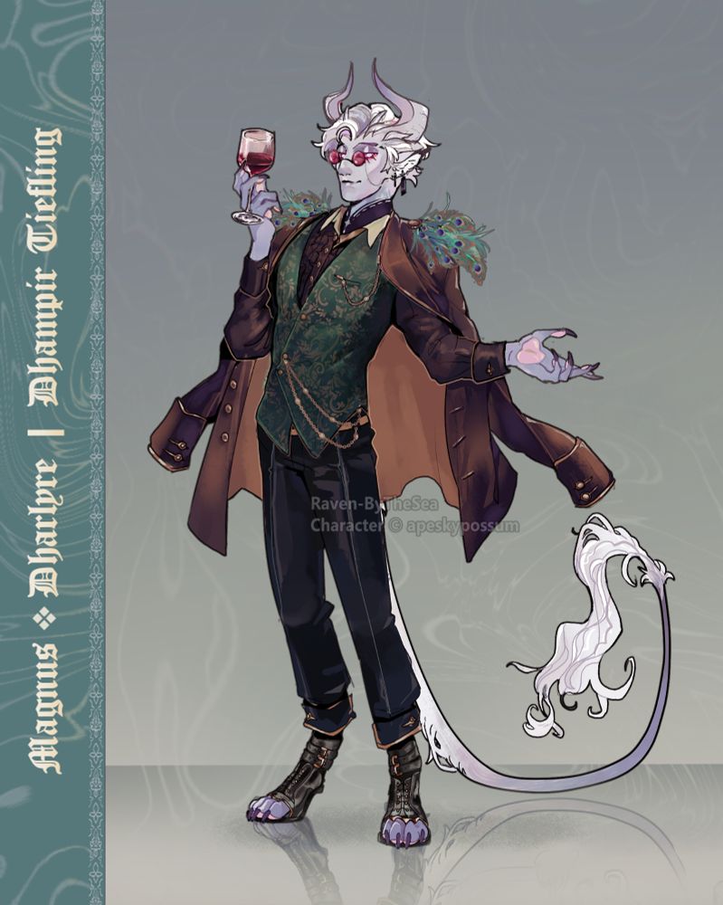 A light purple to albino fox like tiefling stands holding a glass of red with the other hand outstretched claws out. He is dressed in an embellished green and gold vest, black slacks with gold lined cuffs, and has a brown jacket over his shoulders with peacock feathers epaulettes. He has ted tinted round glasses on and has a smug self satisfied air about him. His feet are digigrade fox paws, he is wearing leather wrappings with gold accents. Text reads Magnus Dharlyre, dhampire tiefling 