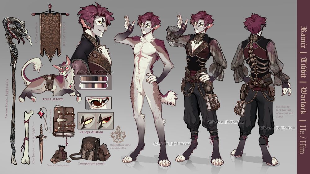 A ref sheet of Ramir. He's a cat like humanoid with grey to deep red fur. He has a humanoid face with cat like eyes and deep red hair with a side part. The ref shows his cat form, his humanoid form, and his humanoid form with a full outfit. He's dressed in loose pants adorned with various chains and bags. His paws are catlike without shoes. His waist has a leather guard over a dark red sash. He's wearing a deep red vest with gold embellishments, a golden ribcage wrapped around his middle with a golden spine going up his back. The sleeves are sheer. He has a smug expression in all shots.