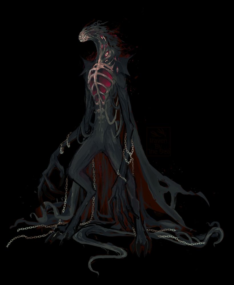 An elongate eldritch creature with exposed bone around its jaws, eyes missing on its face, eyes along its neck, and a cage-like ribcage glowing redish pink from within. Its limbs are emongated and unnaturally thin. Its has a cloak made of skin and the ground around it shows numerous tentacles.  Chains wrap its body