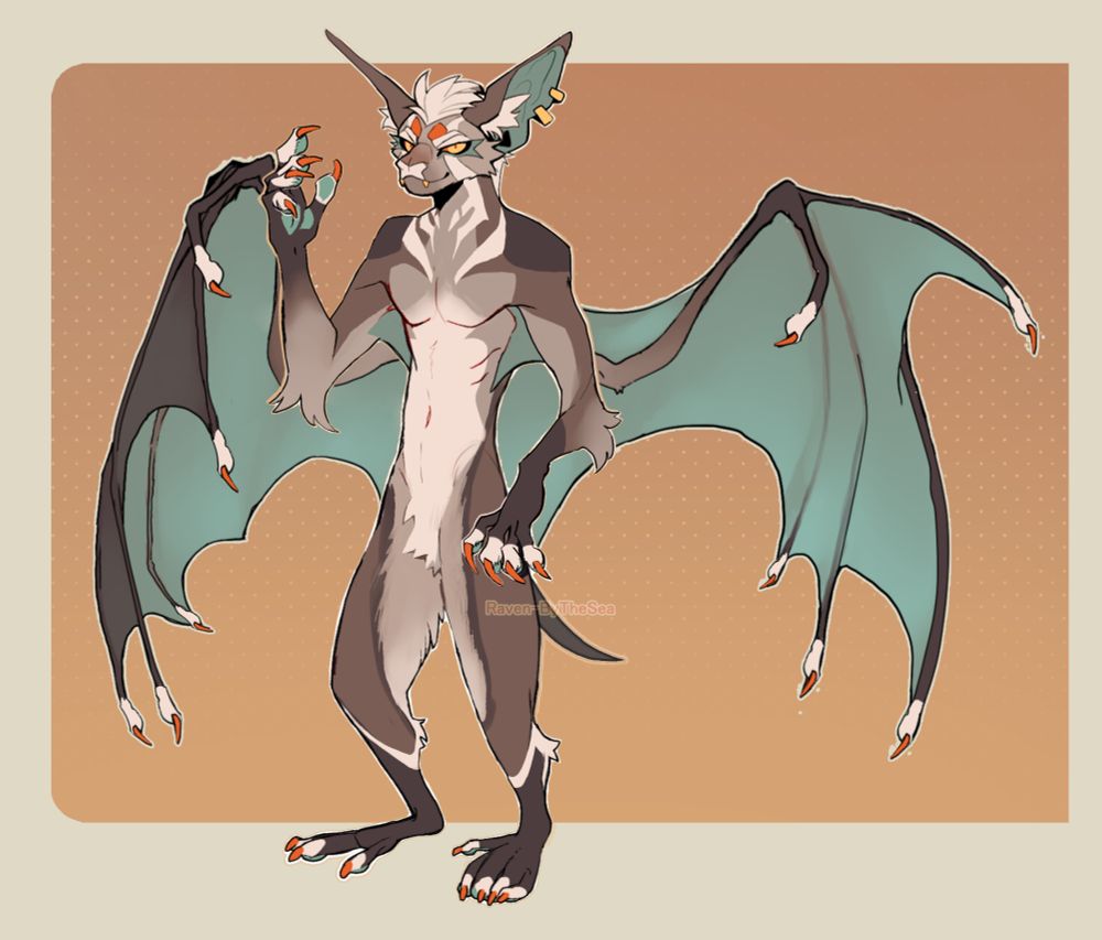 A pallid bat anthro. Cor is a brown bat with large blue-green wings, pawpads, and inner ears. He has a darker brown back and light stripes on his neck