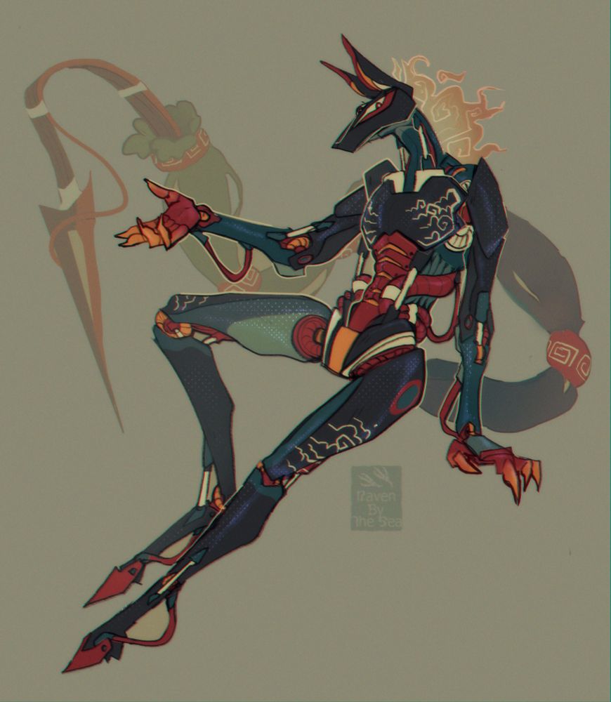 A fullbody piece of a jackle-like robot with highlights of reds and orange. Their tail is long and winding behind him, with a long sharpe needle like end. He has a mane of fire and stylized cloud like patterns on his chest and lower thighs.